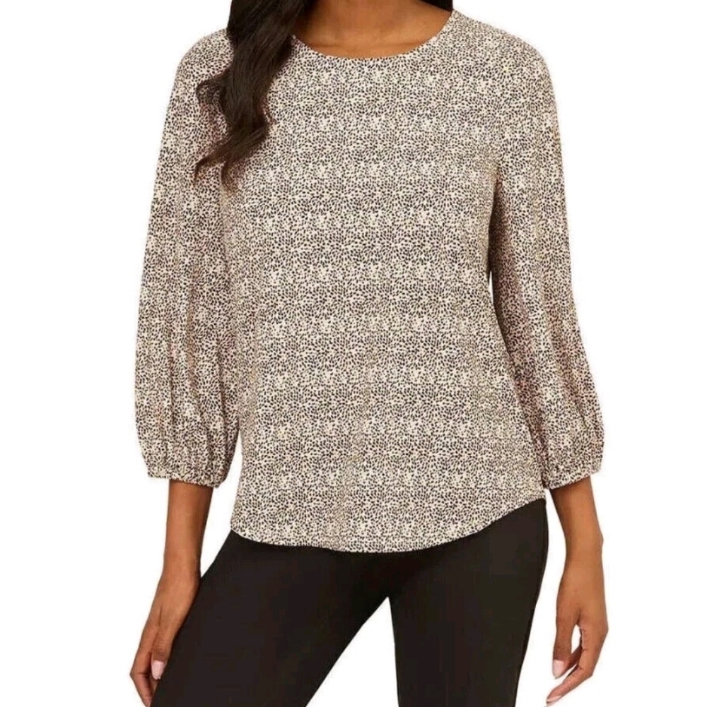 Adrianna Papell women's Blouse Large 3/4 sleeve yoke detail Top Animal Print